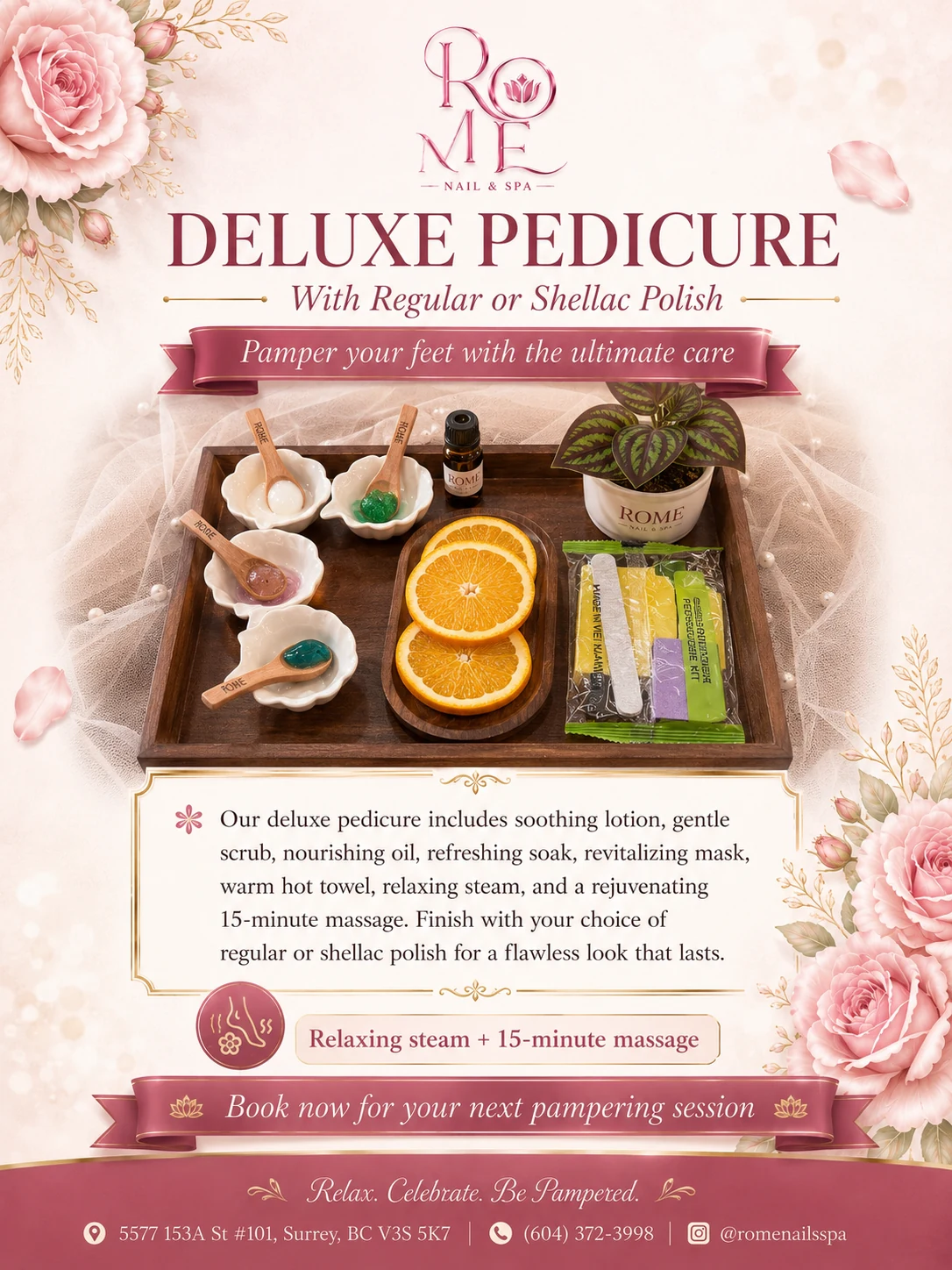 Deluxe Pedicure flyer featuring regular or Shellac polish and a 15-minute massage