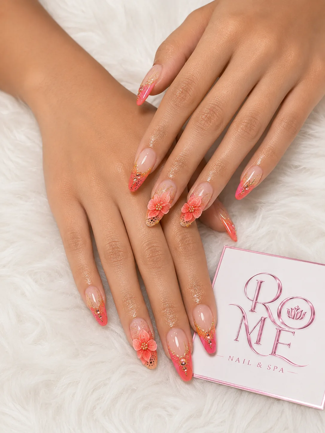 Icy blue almond nails with dimensional flower details by Rome Nails Spa