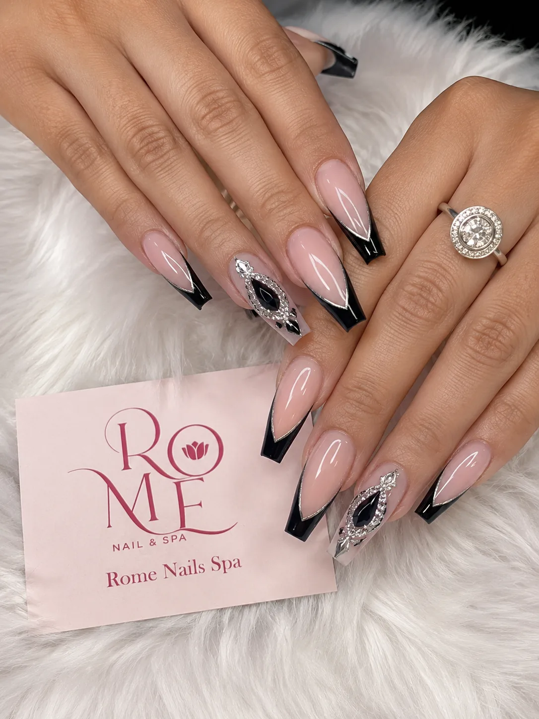 White textured square nails with porcelain-inspired details by Rome Nails Spa