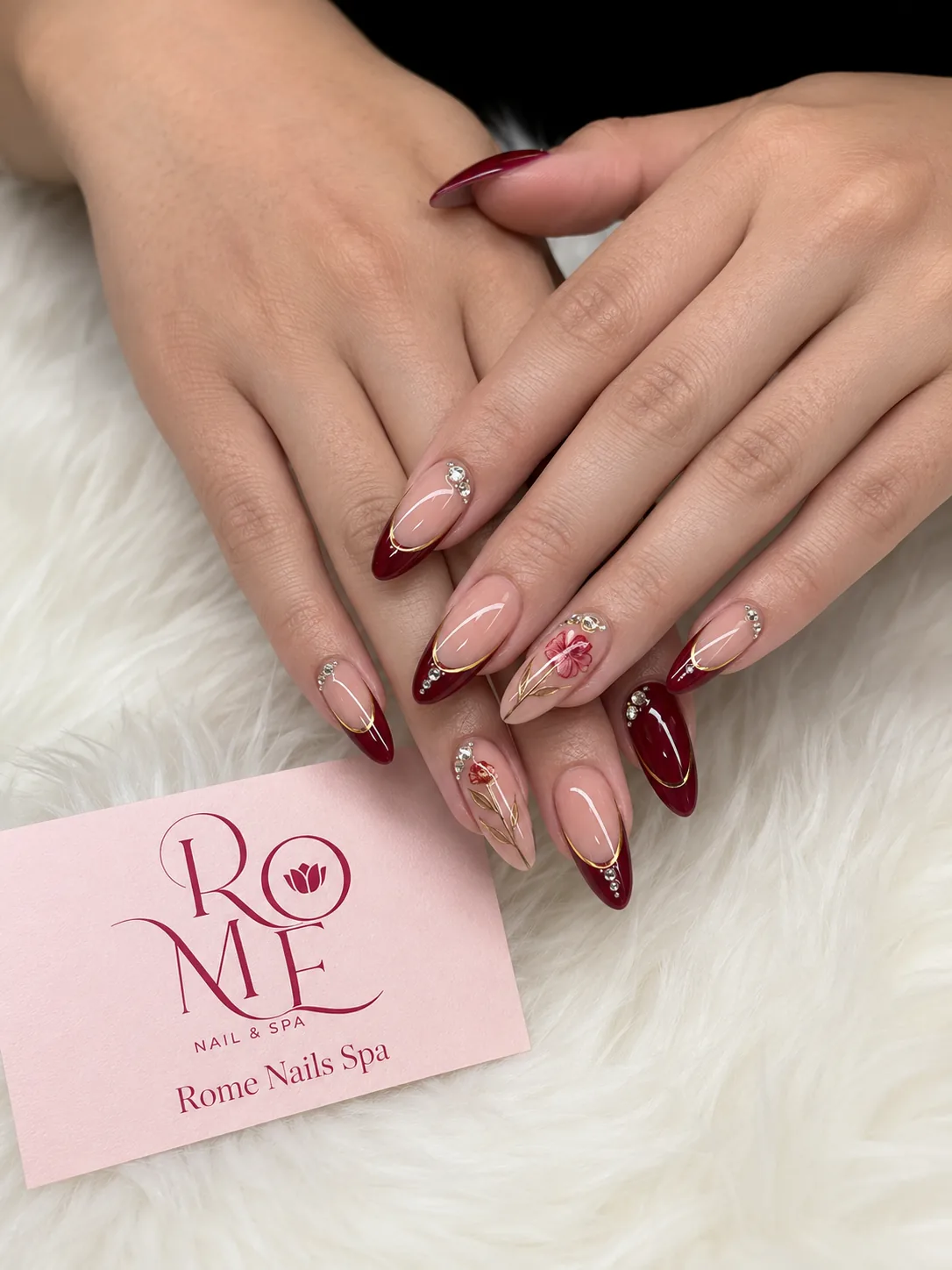 Pink floral coffin nails with mixed art details by Rome Nails Spa