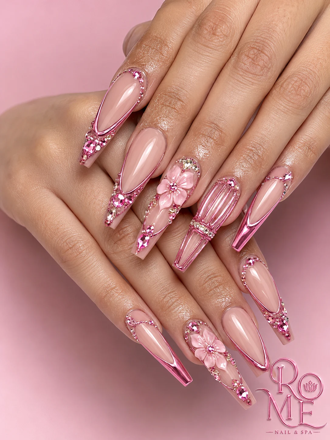 Pink crystal statement nails by Rome Nails Spa