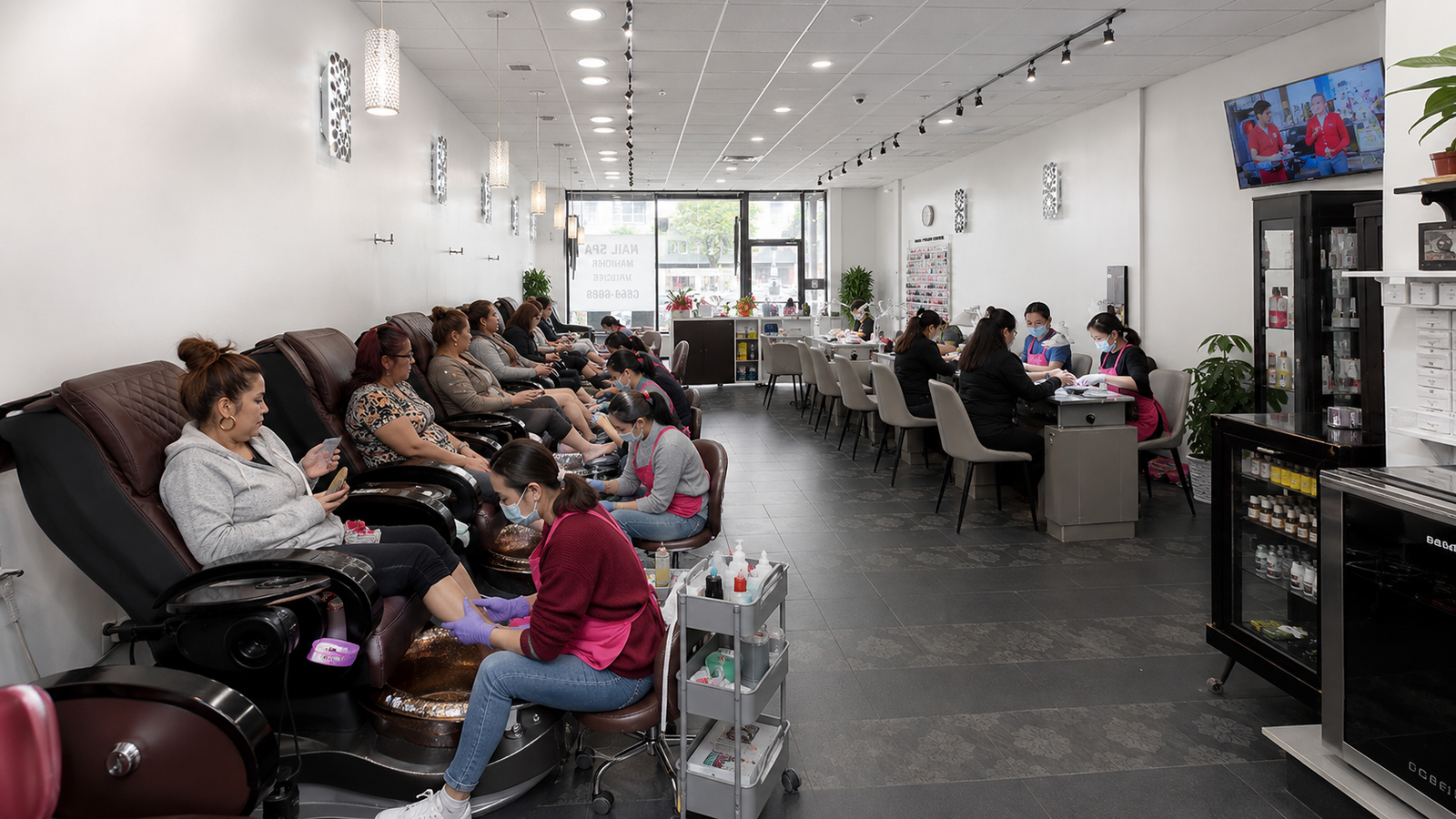Panoramic view of Rome Nails Spa's manicure and pedicure stations